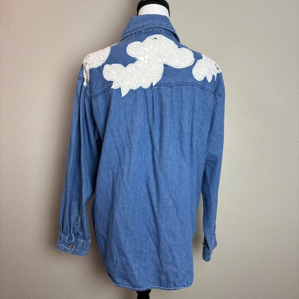 PTNY Denim Shirt Lace Applique Rose Accents Western Blouse‎ Size Large 90s